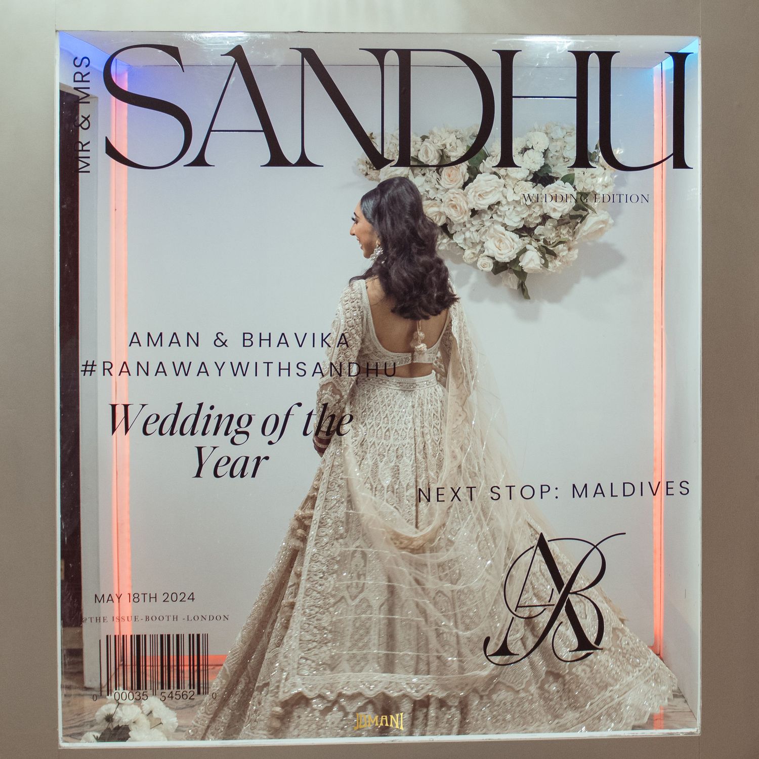Magazine-style wedding keepsake for Mr and Mrs Sandhu featuring bride in white lehenga, May 2024.