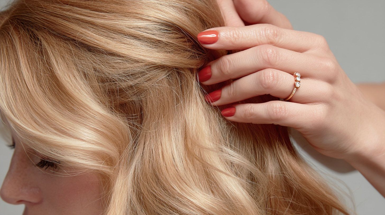 Manicured hand touching blonde hair