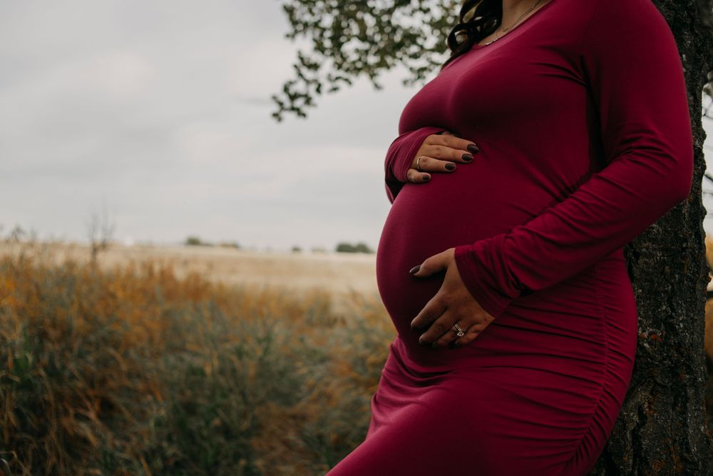 A pregnant woman in a burgundy dress cradles her belly while standing against a tree in a golden autumn field.