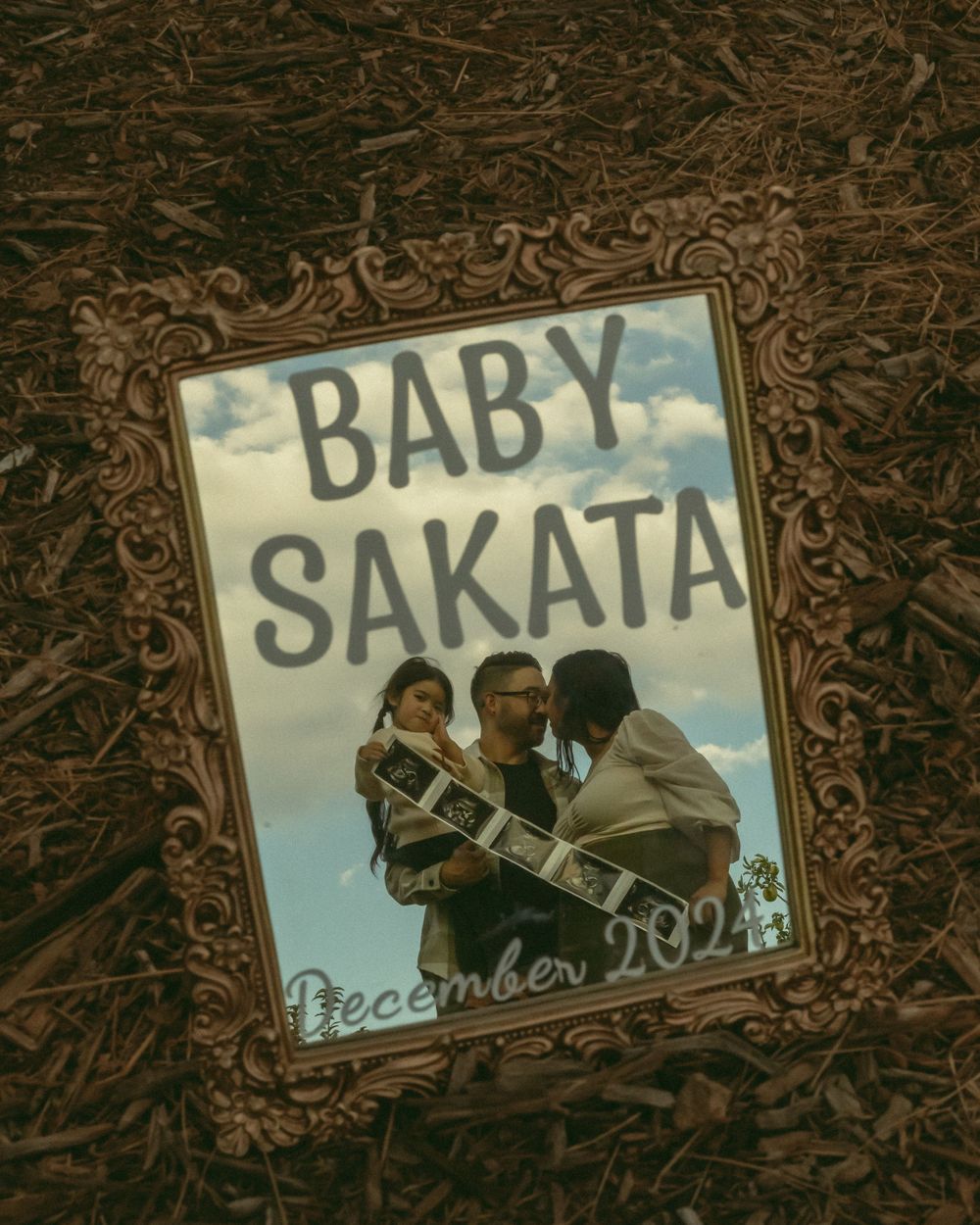 New baby announcement with family in the mirror with baby date and name on it inspiration