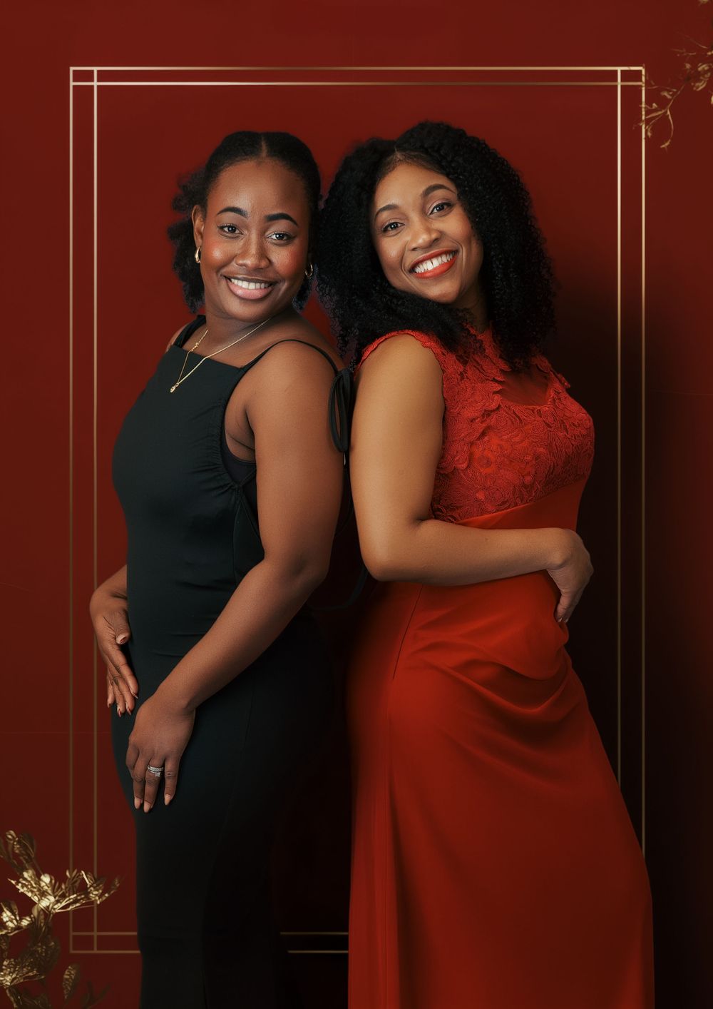 A series of candid photo booth style shots showing two people in black and red formal attire posing together against a burgundy backdrop.