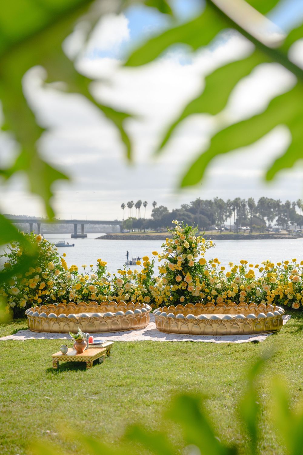 A scenic waterfront garden with orange marigolds and a wooden bench overlooking the bay through green foliage.