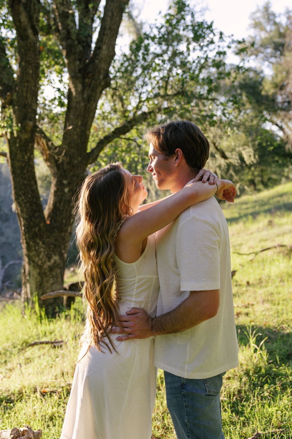 A couple embraces and gazes at each other in a sunlit meadow with a large tree in the background.