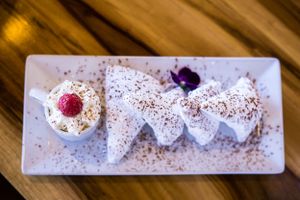 Elegant dessert plate with chocolate-dusted treats and fresh raspberry garnish.