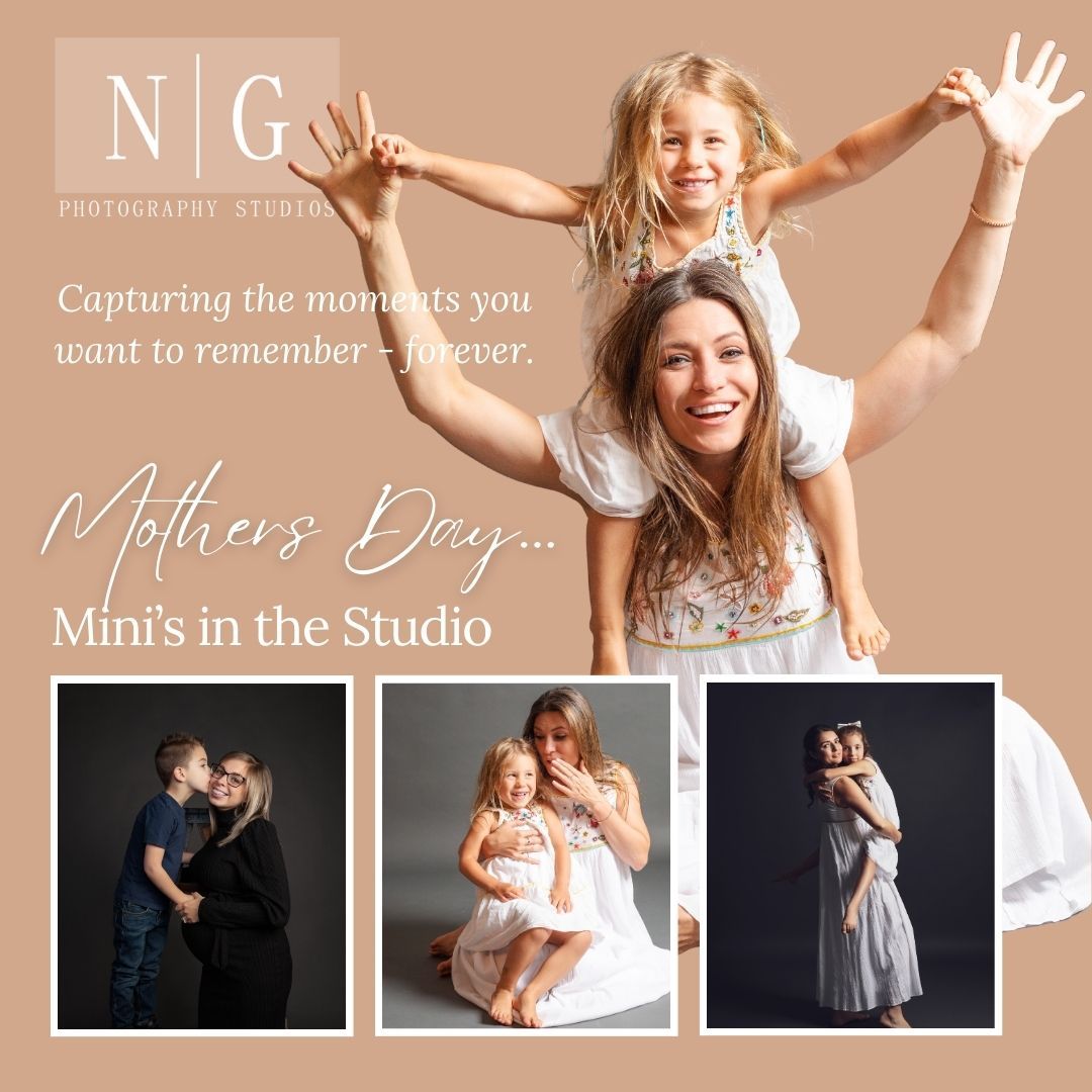 Mother's Day studio photography promotional banner with multiple portrait sessions.