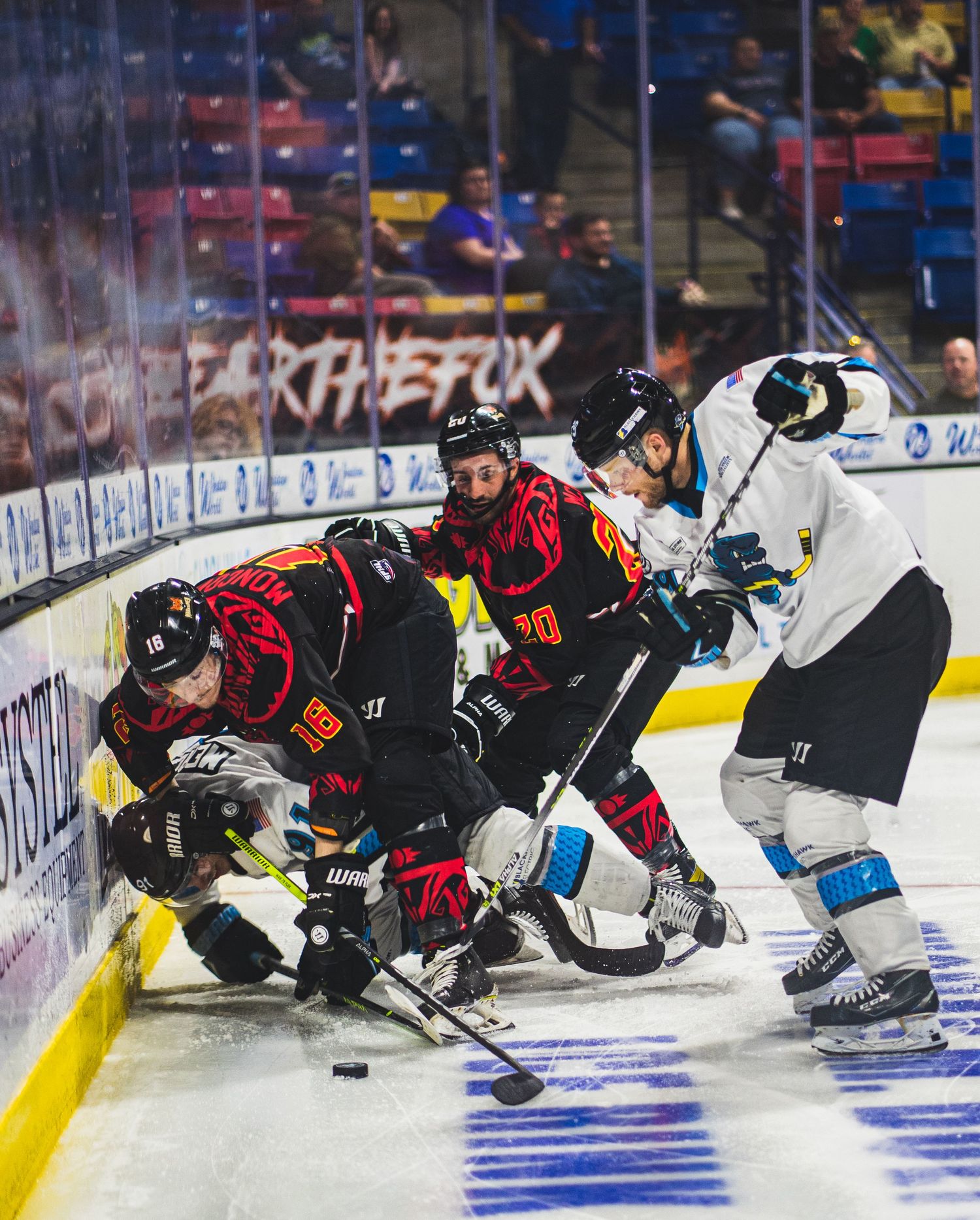 Hockey players battle for the puck along the boards during an intense game.