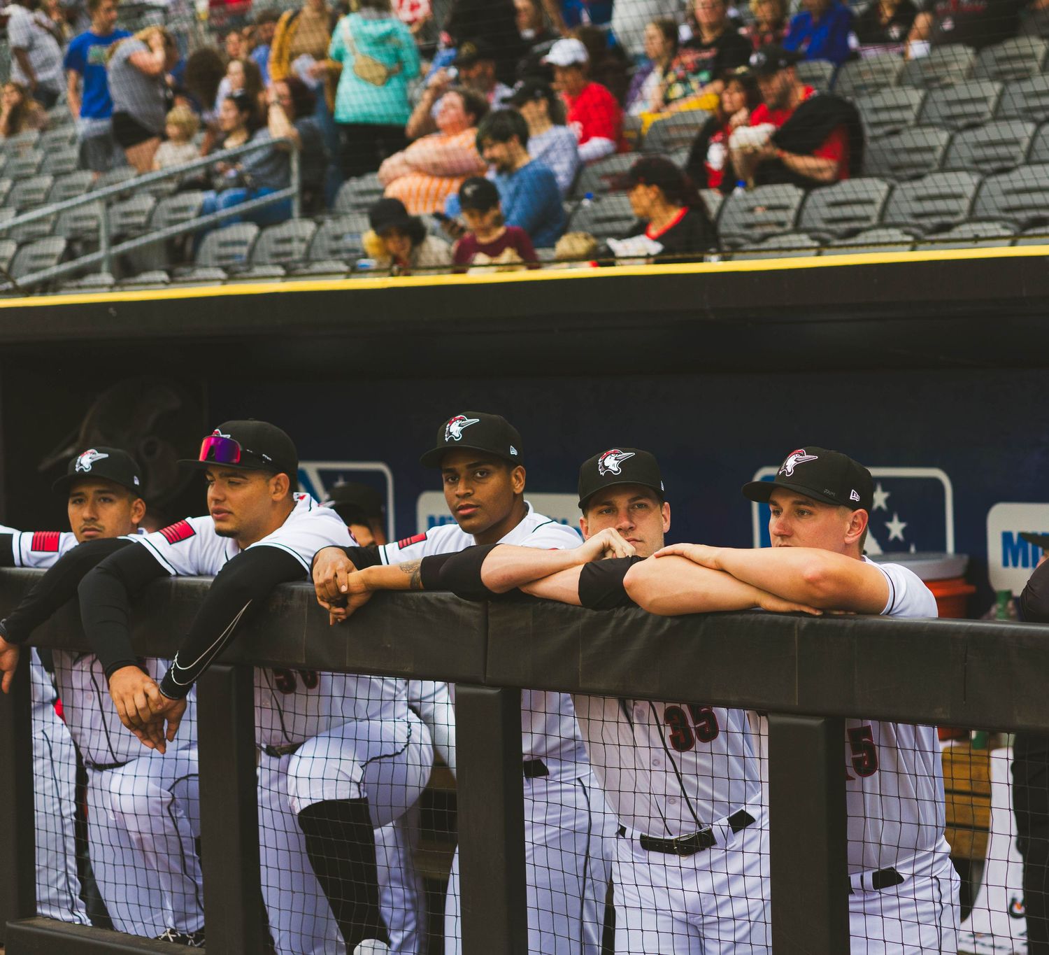 Baseball players lined up along dugout railing watching game at stadium.