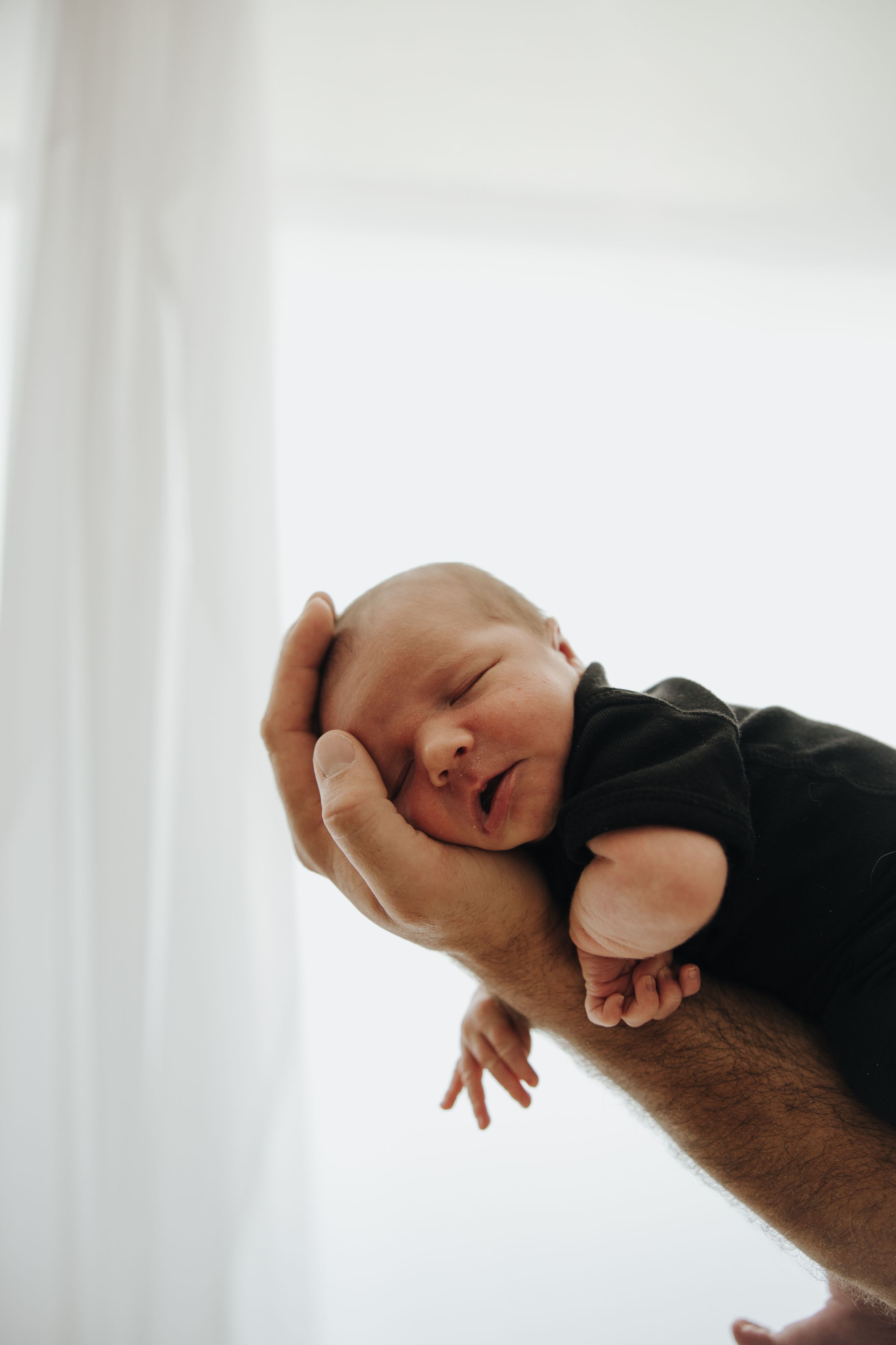 A tiny newborn baby sleeps peacefully while being cradled in an adult's hands against a bright white background.