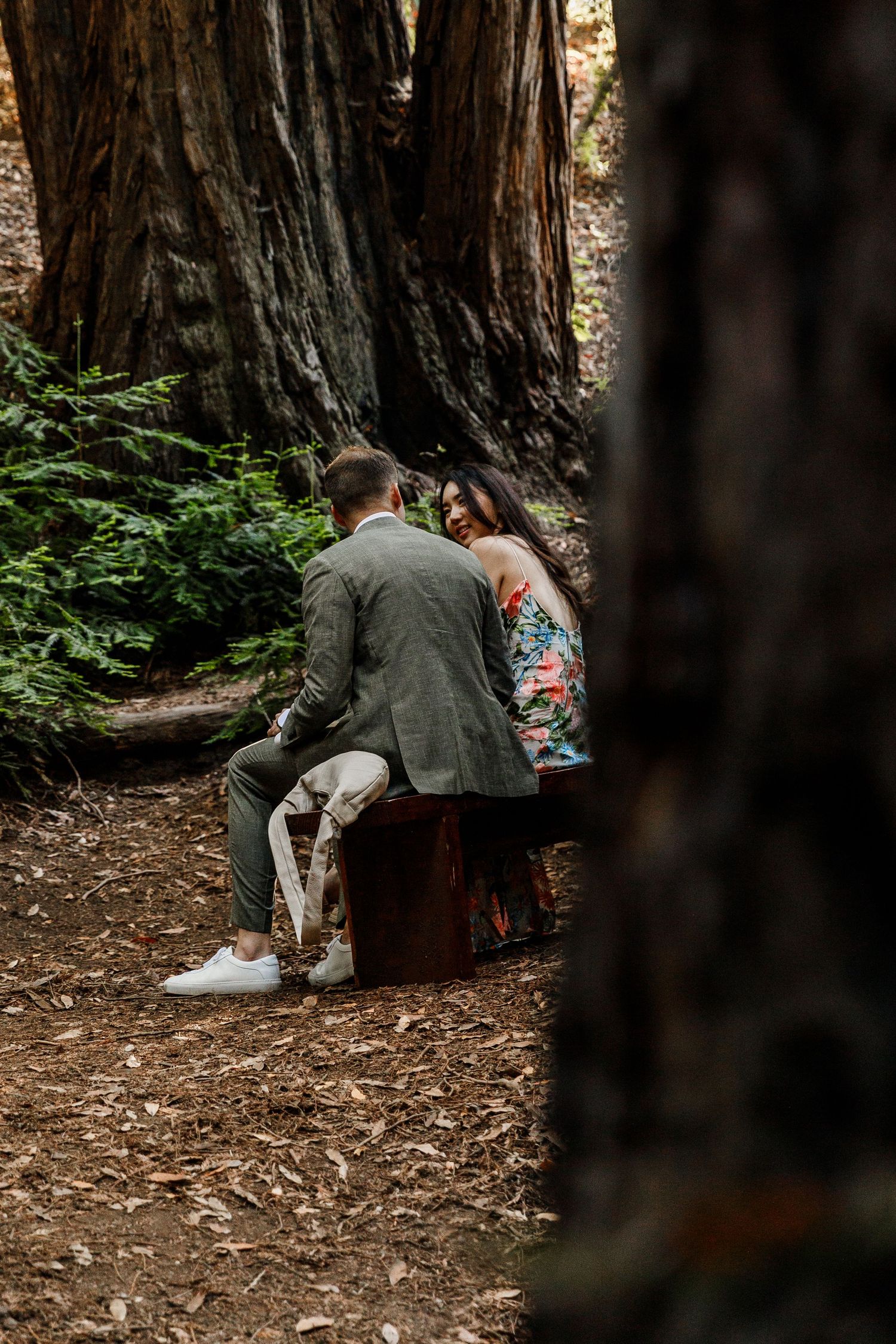 Couple sitting intimately on log bench surrounded by towering redwood trees in lush forest setting.