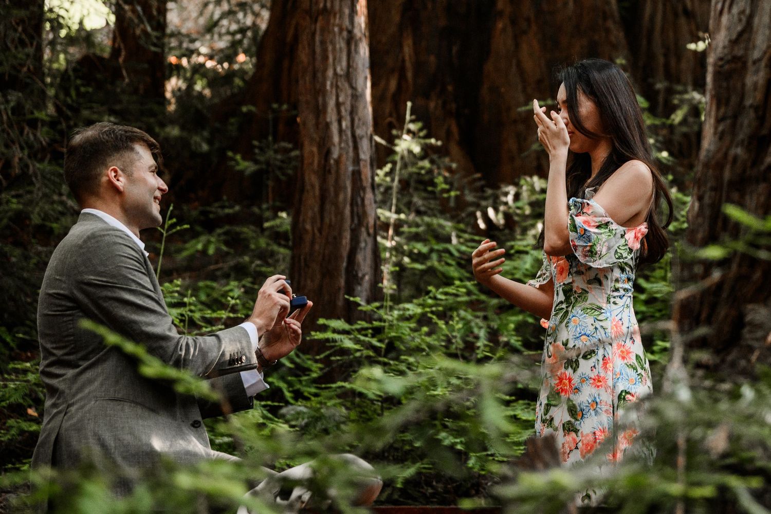 Man kneels proposing to surprised woman in floral dress among towering redwood trees in forest.