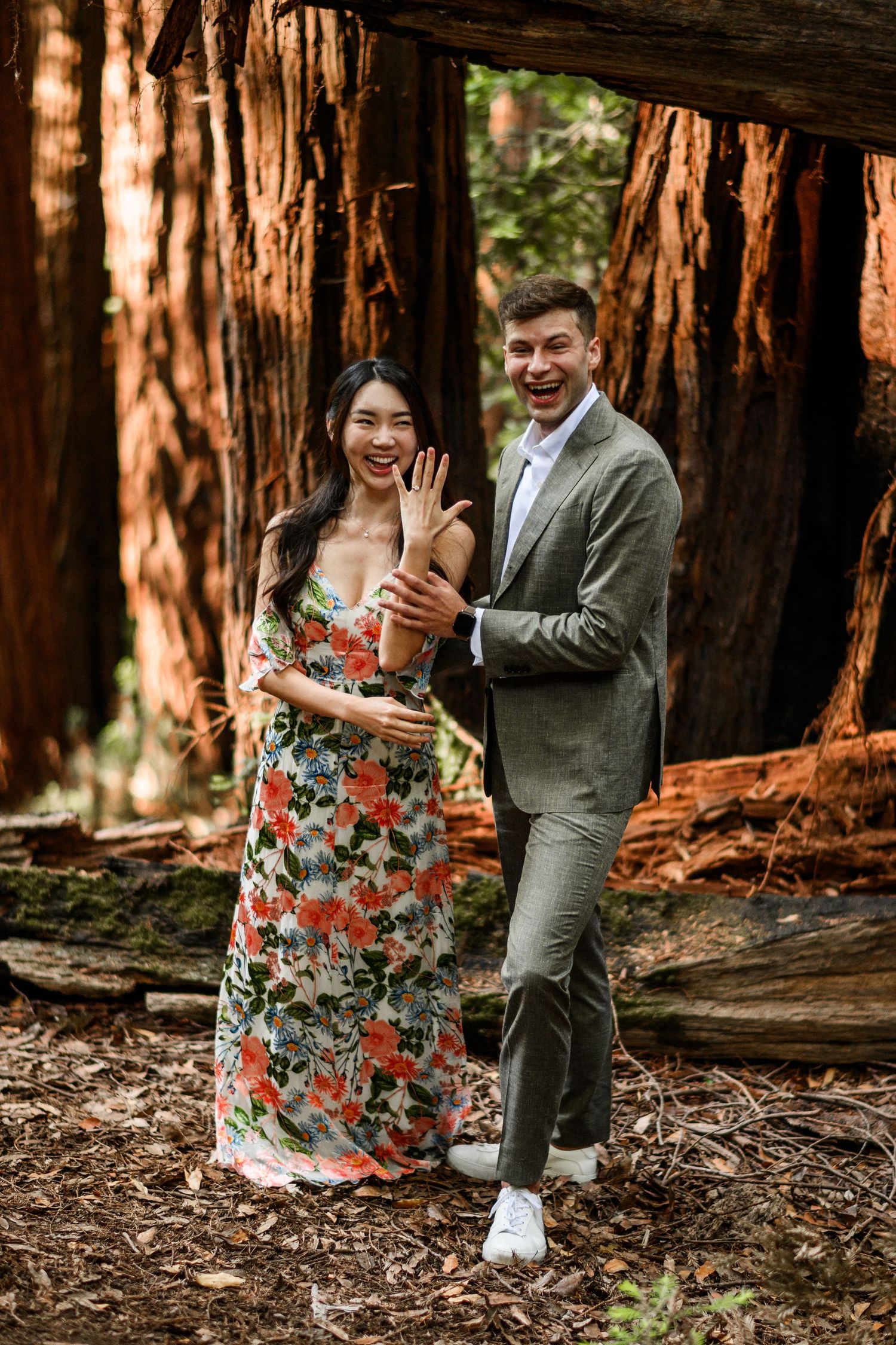 Joyful newly engaged couple showing off ring among giant redwood trees in forest.