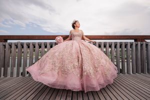 Luxurious pink ball gown with lace appliques showcased on a wooden deck.