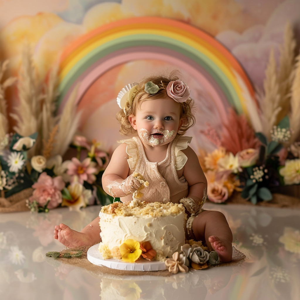 A cake smash photo with rainbow backdrop, flowers, and rustic decorative elements.