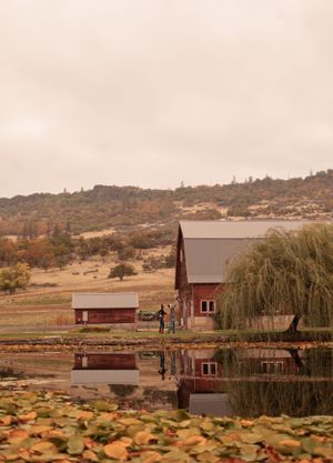 Rustic red barn reflected in pond with autumn leaves and mountain landscape.