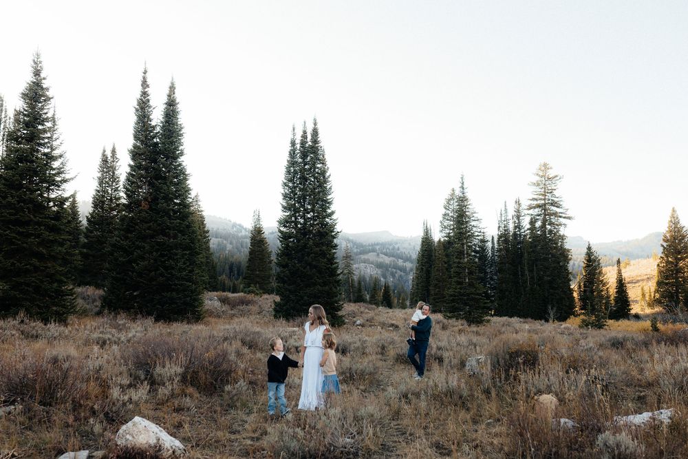 People gather in a mountainous field at sunset surrounded by tall evergreen trees and golden light.