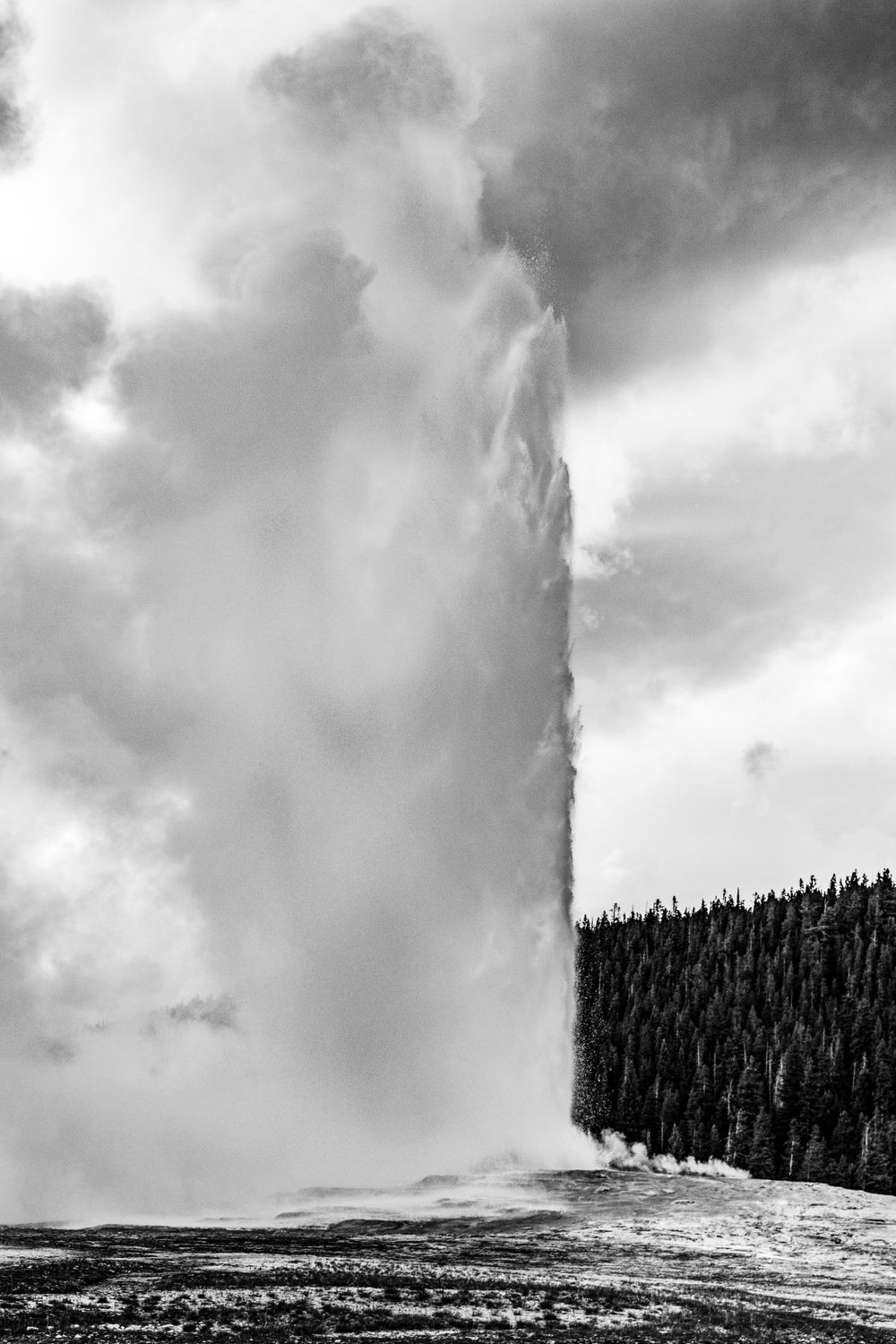 Dramatic black and white photograph of a massive geyser eruption with steam rising against dark clouds.