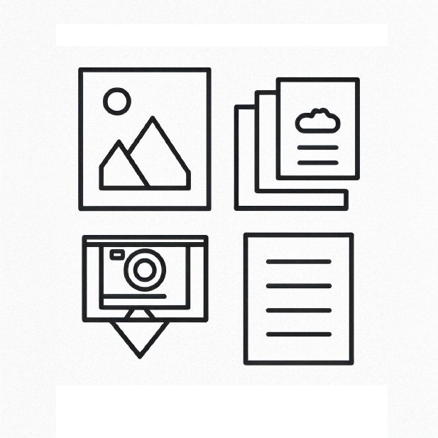 Line icon set showing image, documents, camera and text elements.