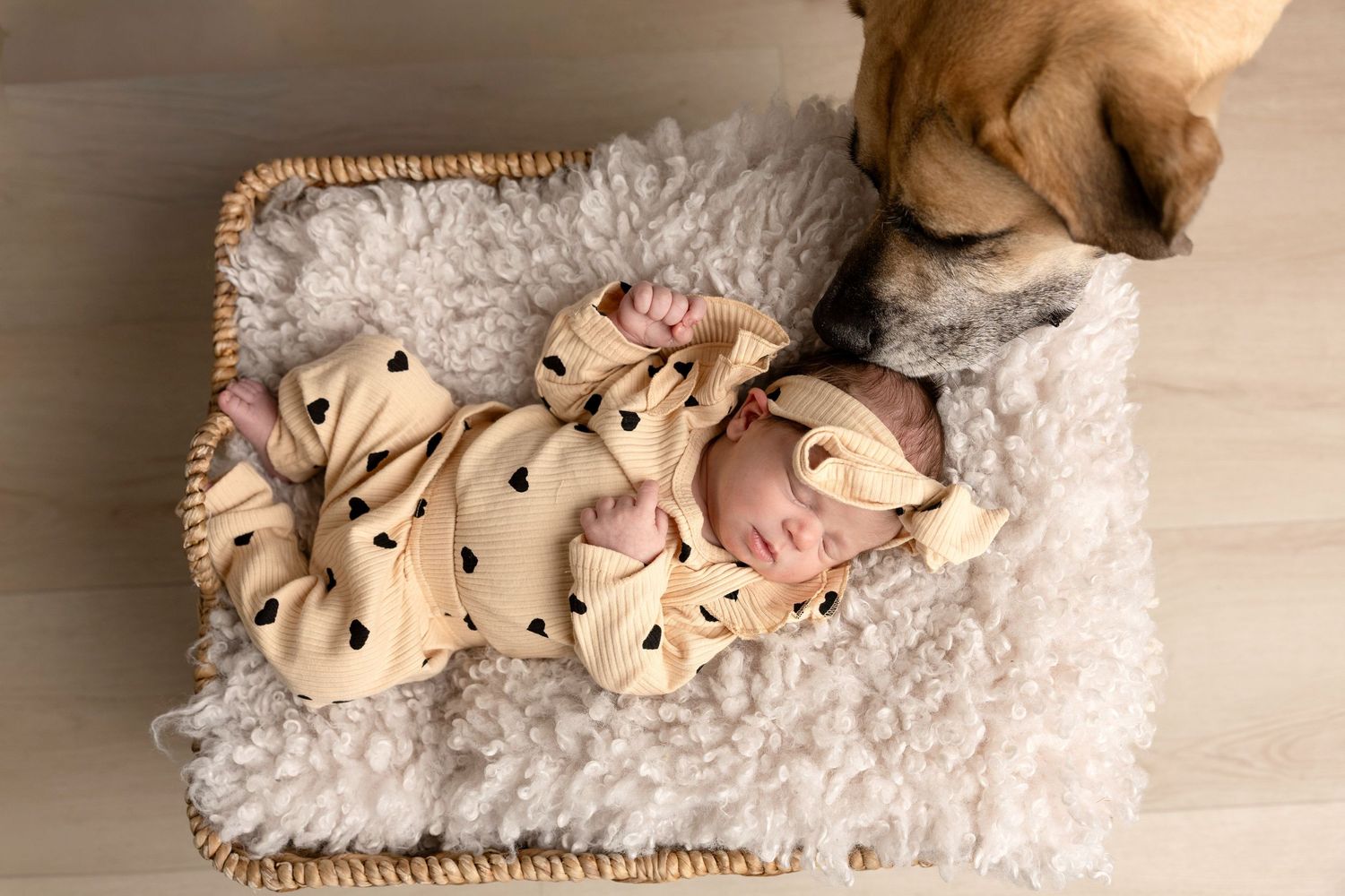 Newborn photography props with plush teddy bears arranged on soft white blanket.