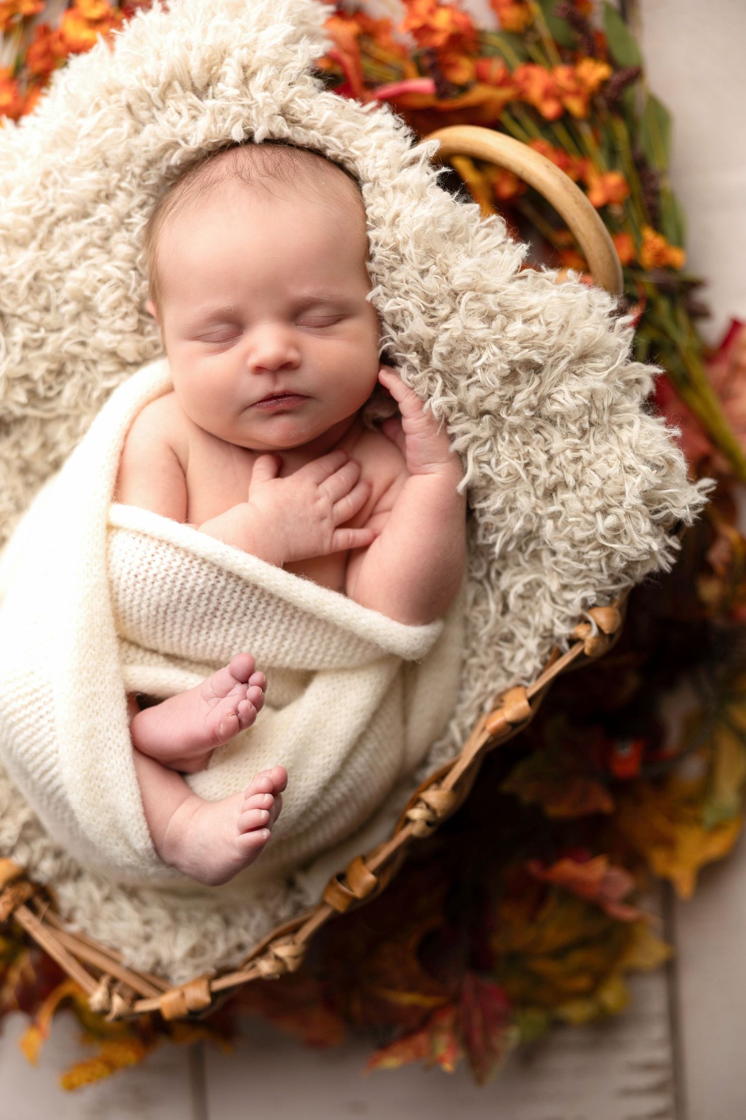 Sleeping newborn nestled in cozy basket with autumn floral decorations.