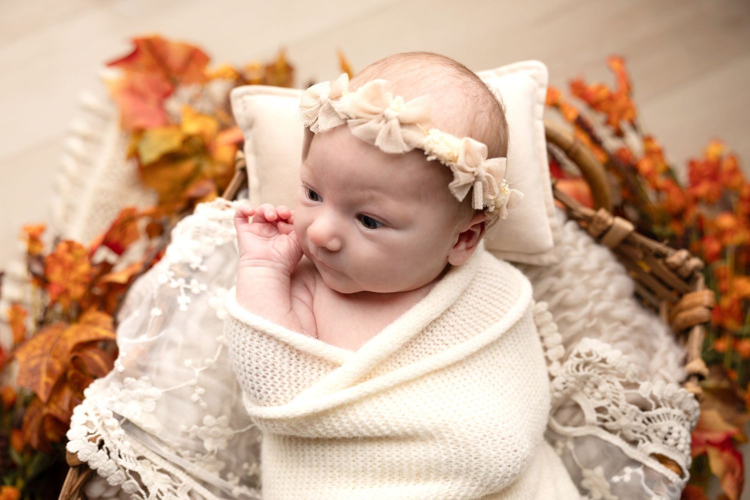 Sweet newborn baby sleeping peacefully on white lace with fall decor.