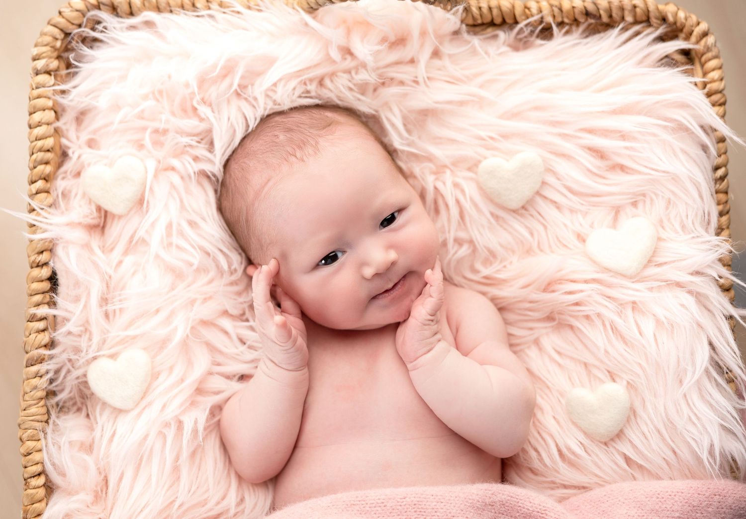 Newborn photography featuring soft pink fur blanket and natural woven basket.