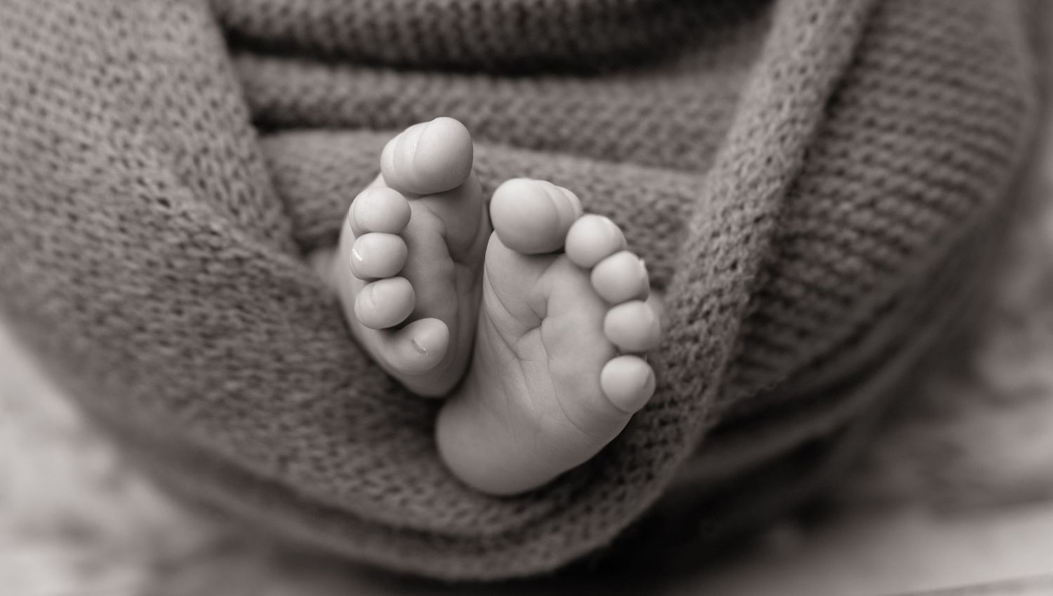 Close-up black and white photo of tiny baby feet wrapped in knit blanket.