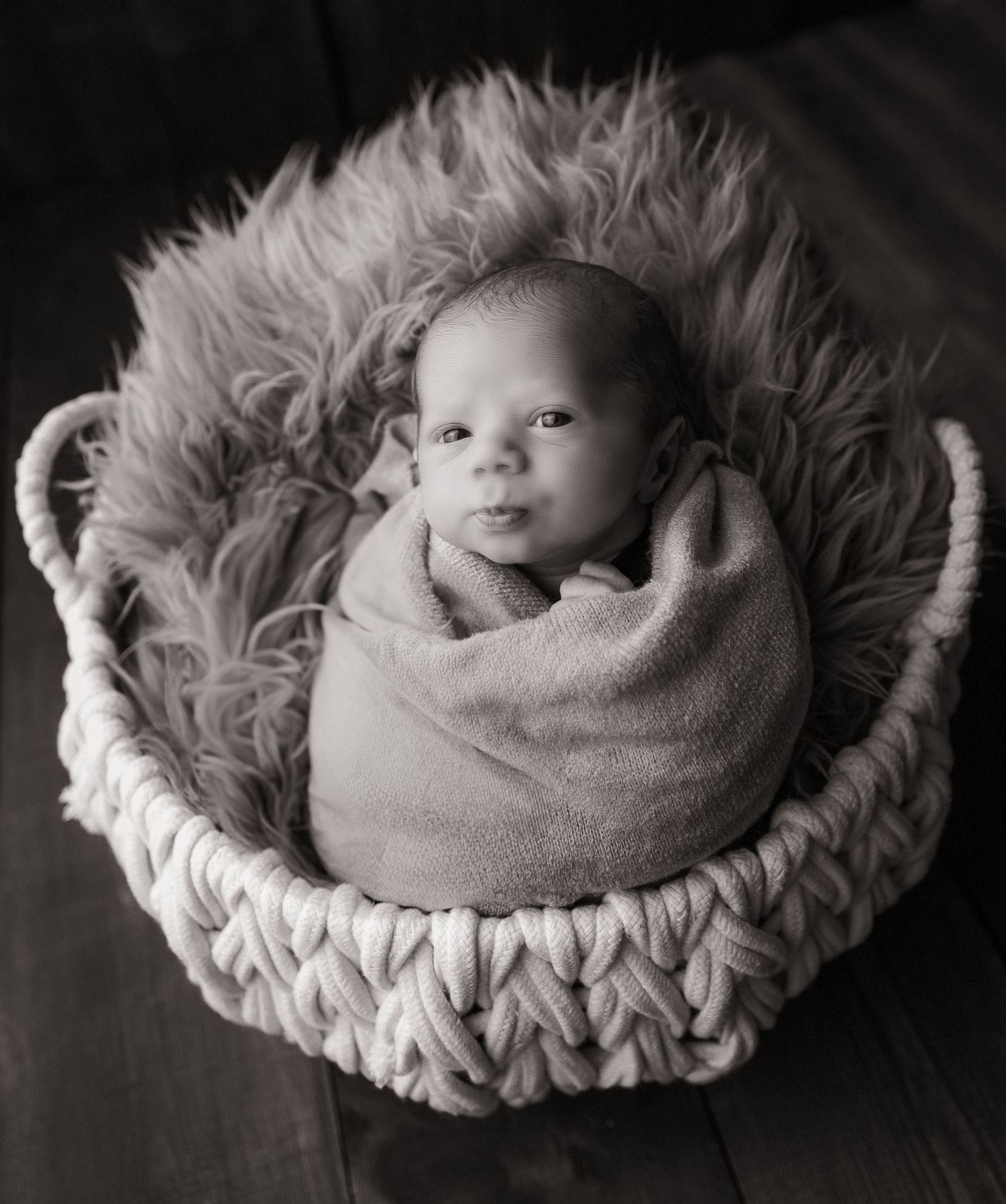 Black and white portraits of newborn baby nestled in furry circular prop.