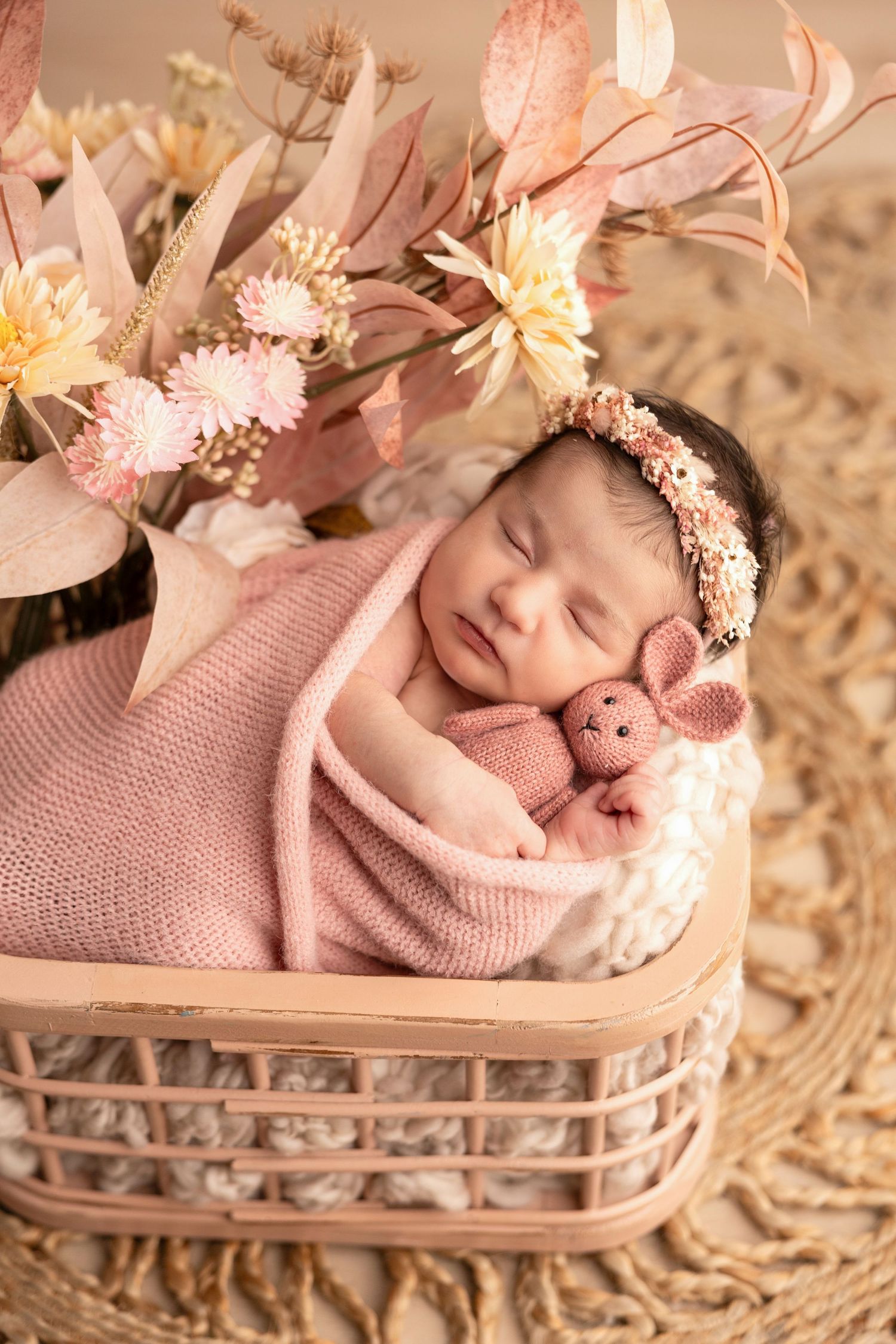 Delicate newborn photography with pink flowers and woven basket setup.