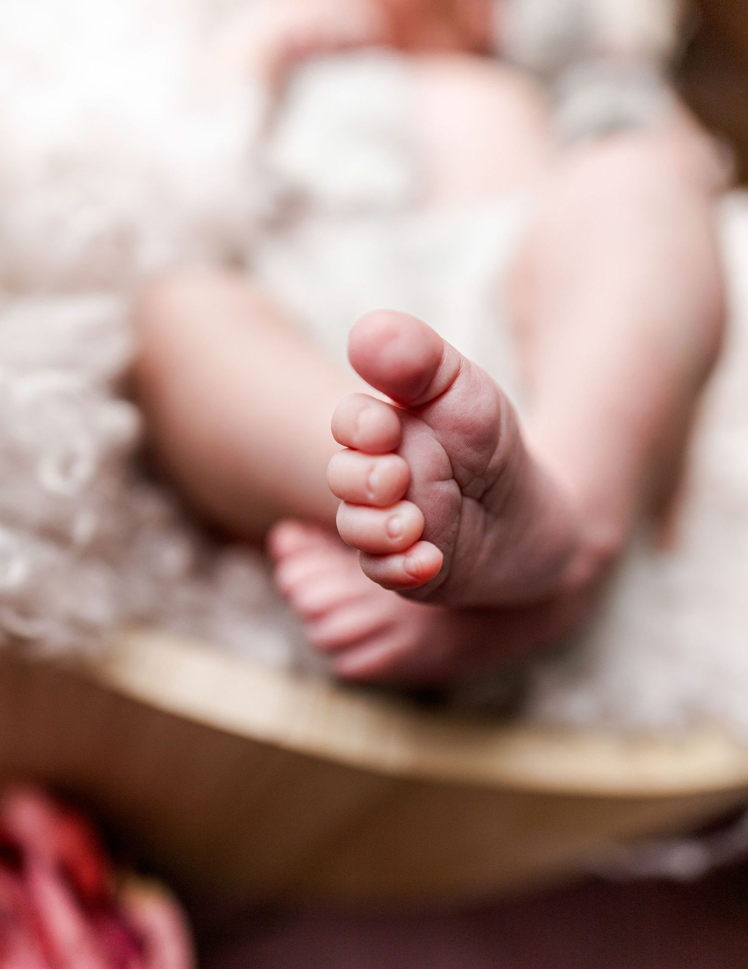 Close-up artistic shots of tiny baby feet against soft textured background.