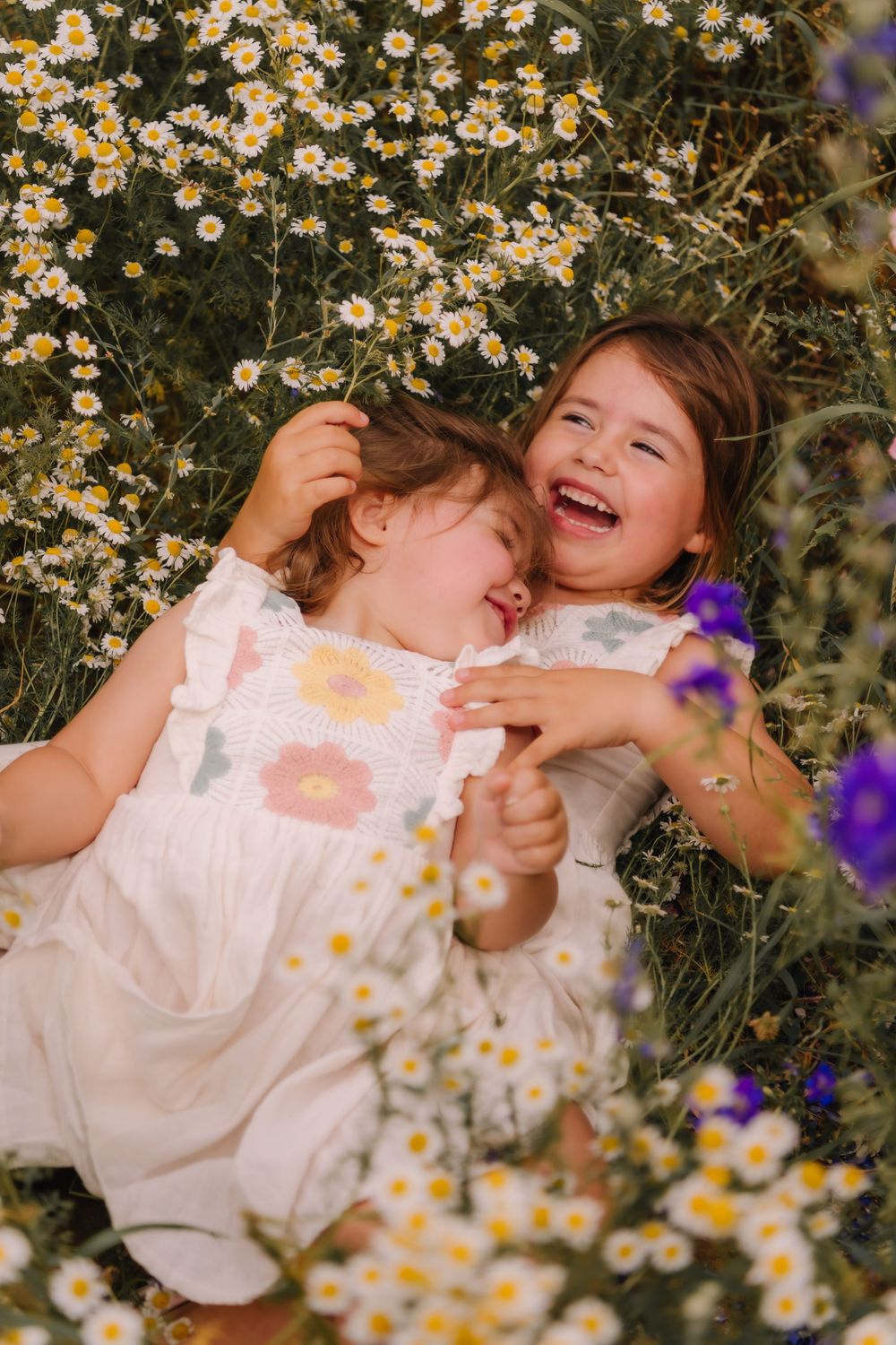 Two young girls laughing and playing together while lying in a field of white daisies and purple wildflowers.
