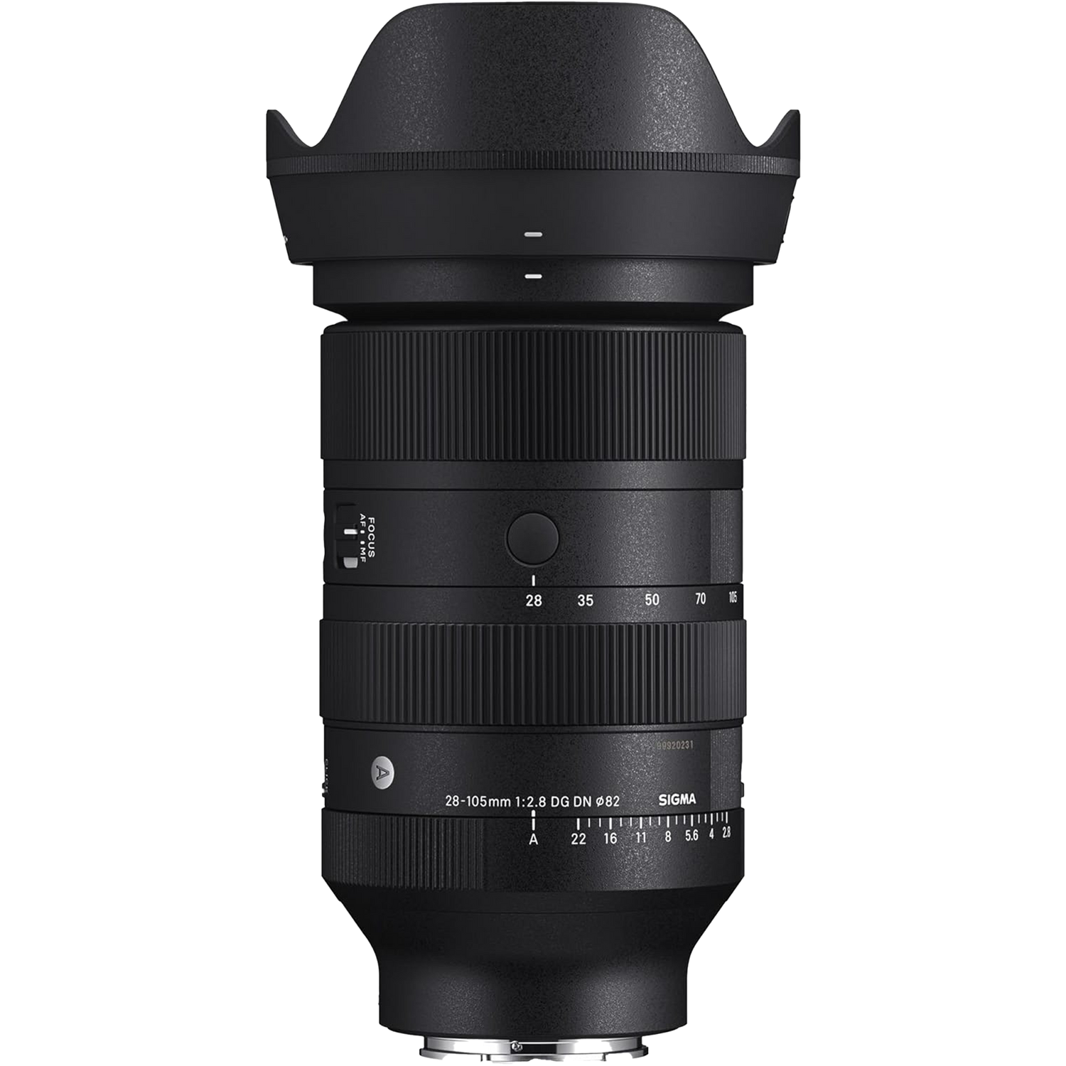 Sigma 35-150mm f/2.8-4 DG DN OS telephoto zoom lens with lens hood shown against white background.