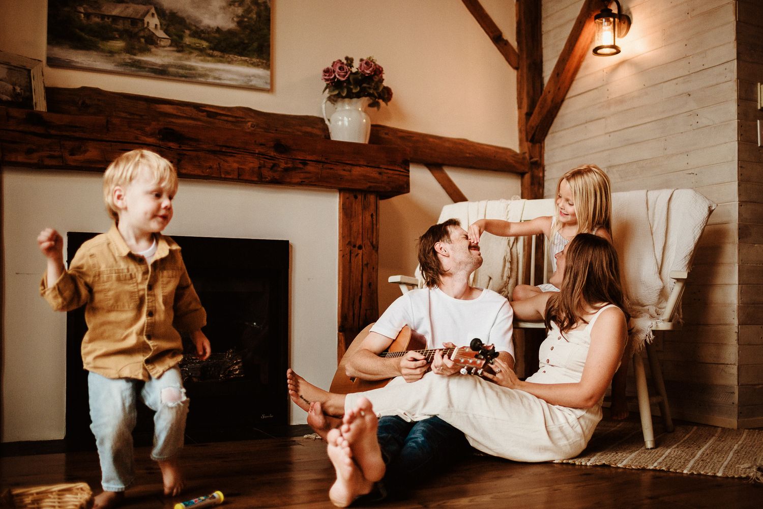 Intimate lifestyle photoshoot of couple relaxing together in rustic indoor setting.