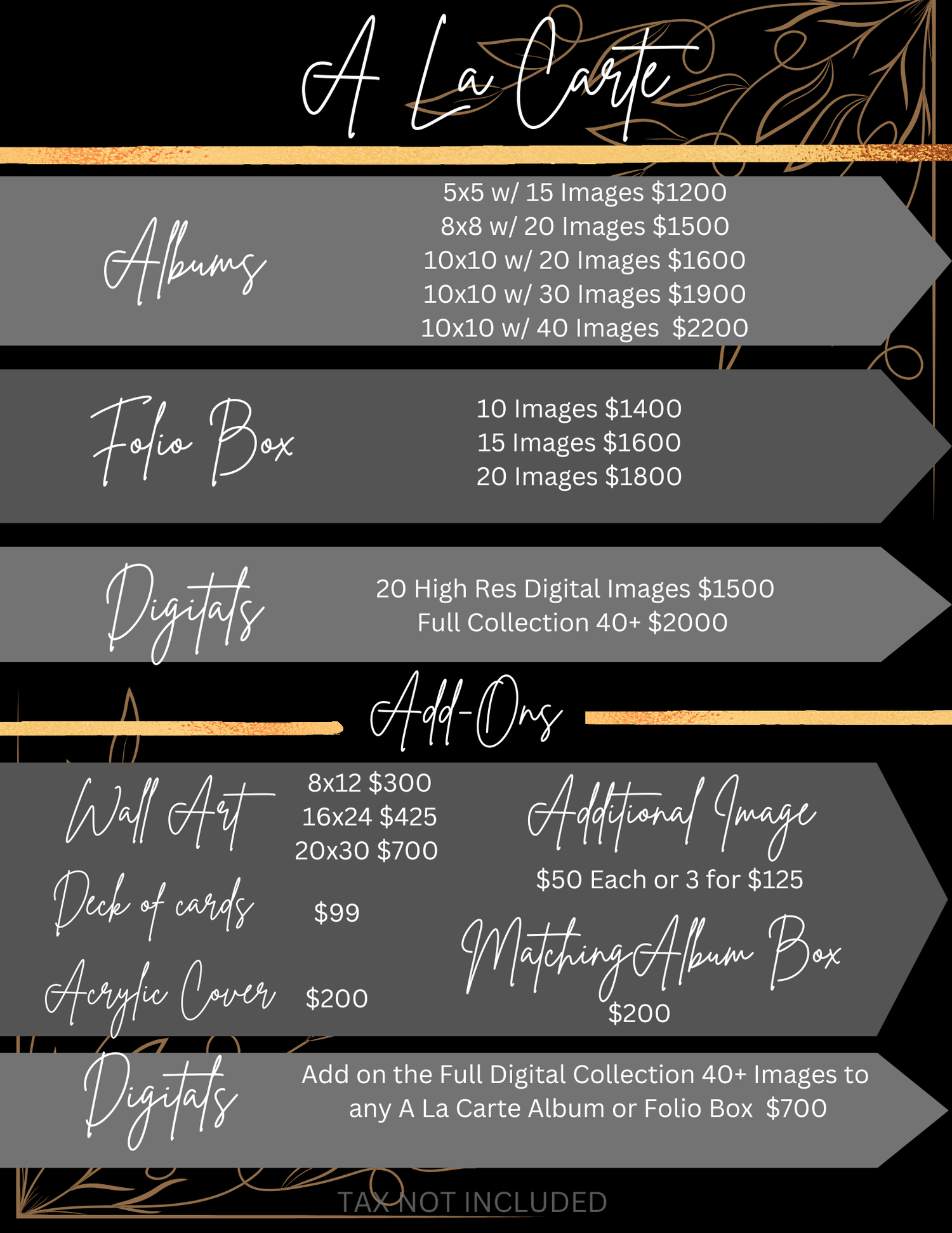 Melissa Simonetti photography boudoir A la carte price sheet. Midlothian Texas
