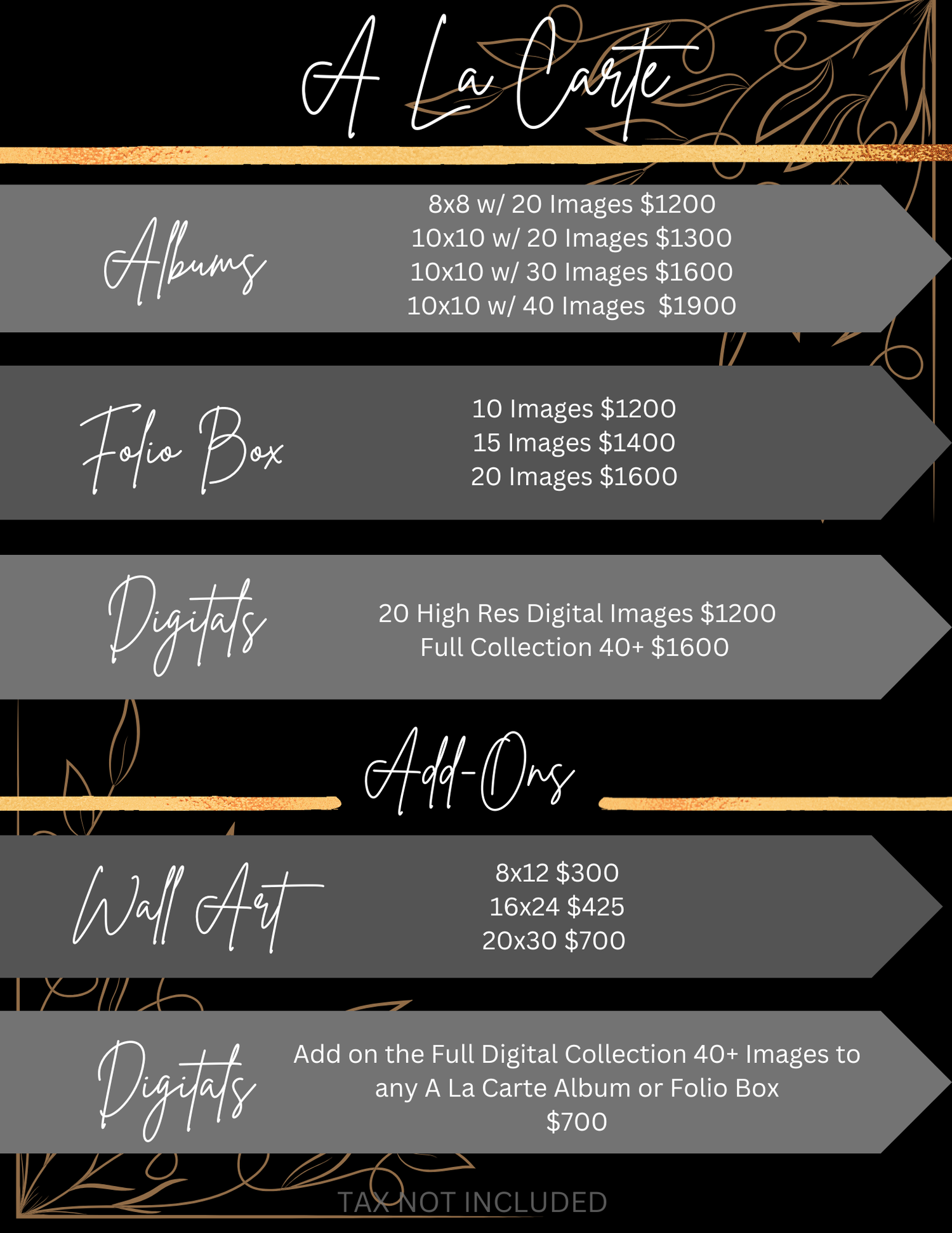 Melissa Simonetti photography boudoir A la carte price sheet. Midlothian Texas