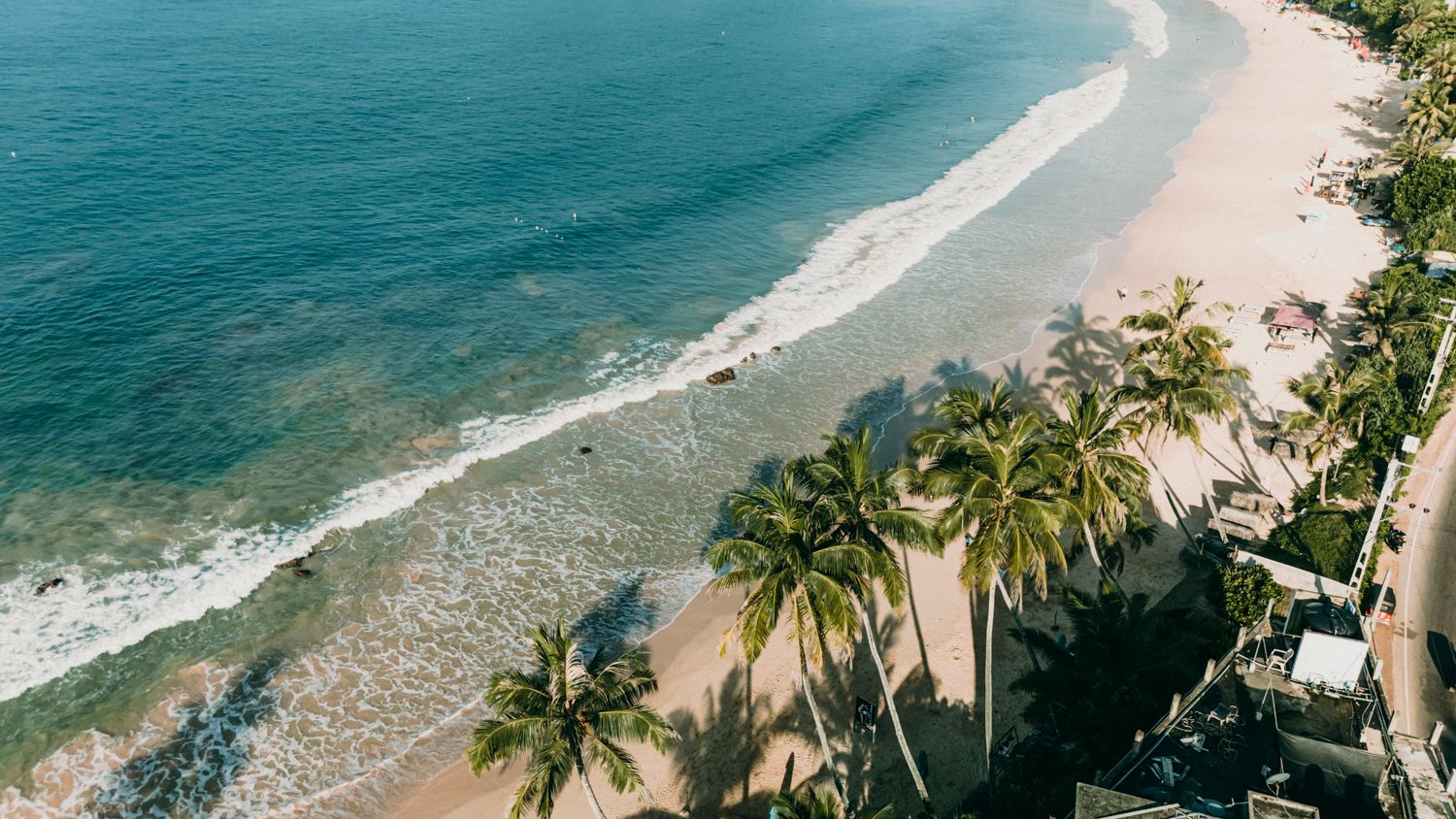 Aerial view of a tropical beach with palm trees, white sand, and turquoise ocean waves.