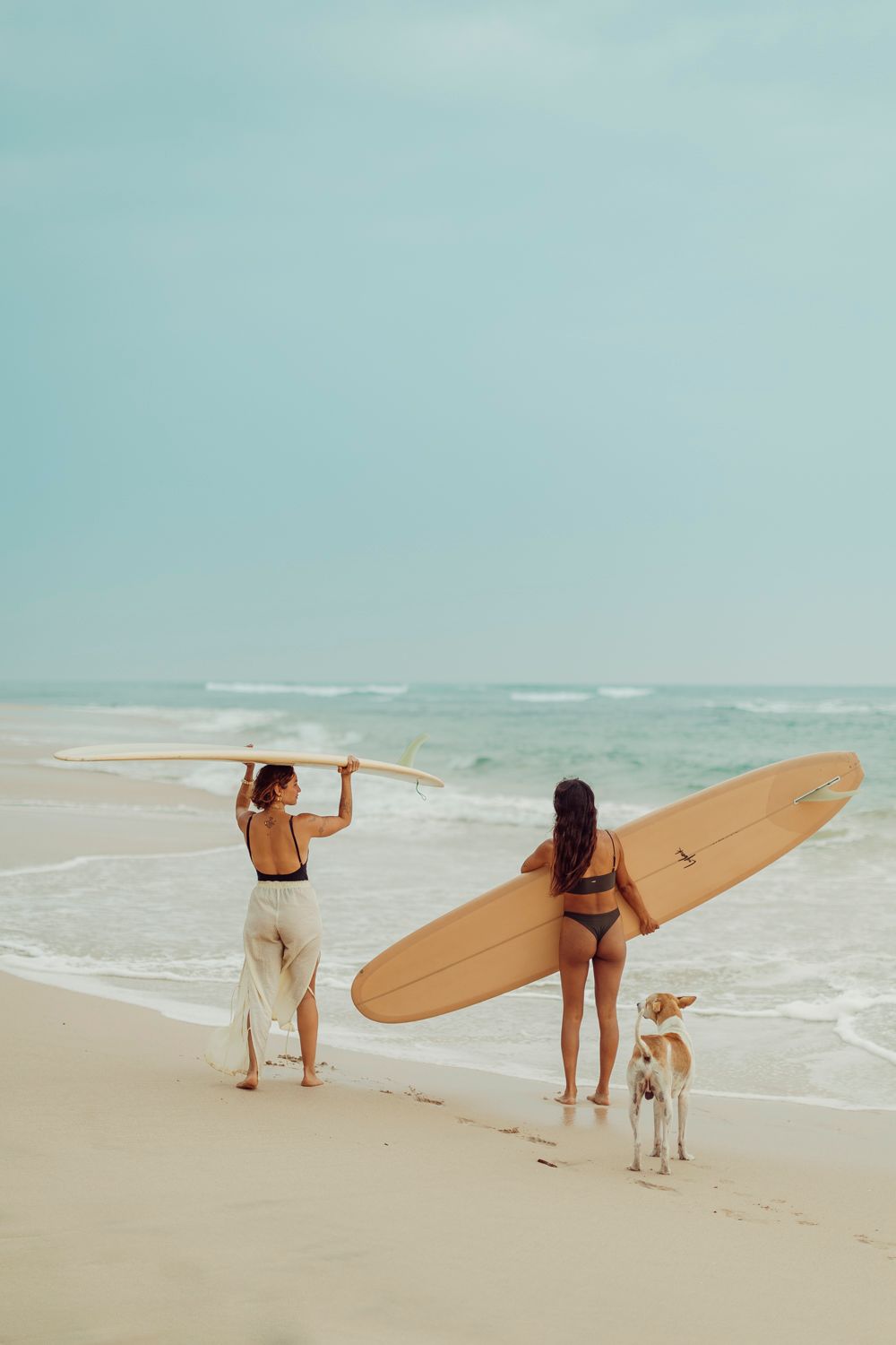 Two women in bikinis carrying surfboards on a sandy beach with a dog and ocean waves in the background.