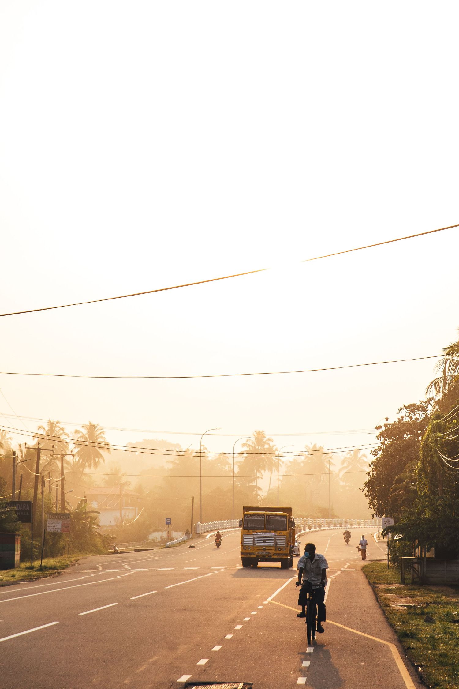 Cyclist riding on a misty road during sunrise with power lines overhead.