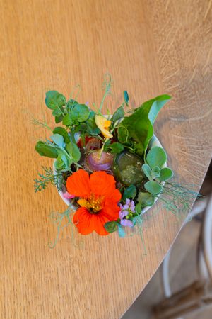 Small floral arrangement with bright orange nasturtium and green foliage in a white bowl on wooden table.