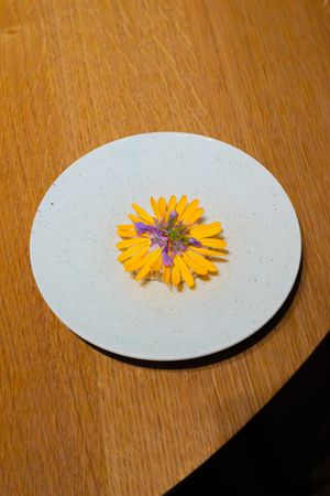 Single yellow sunflower garnish plated on white ceramic dish.