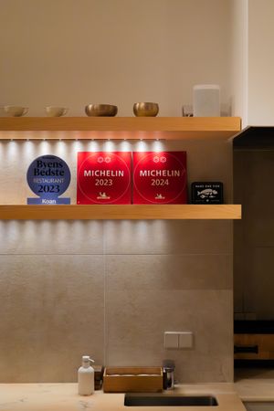 Michelin guide awards and plaques displayed on illuminated wooden shelves.