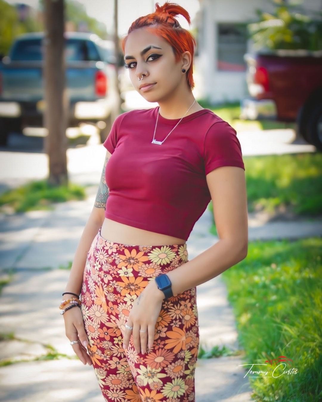 model in red and orange hippie outfit
