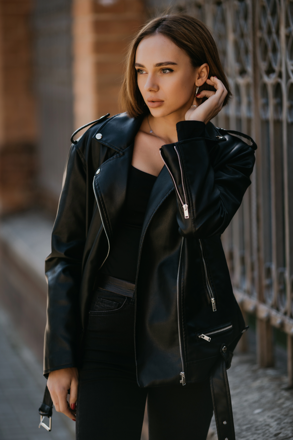 model in leather jacket