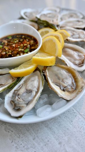Fresh raw oysters on ice with lemon wedges and spicy dipping sauce.