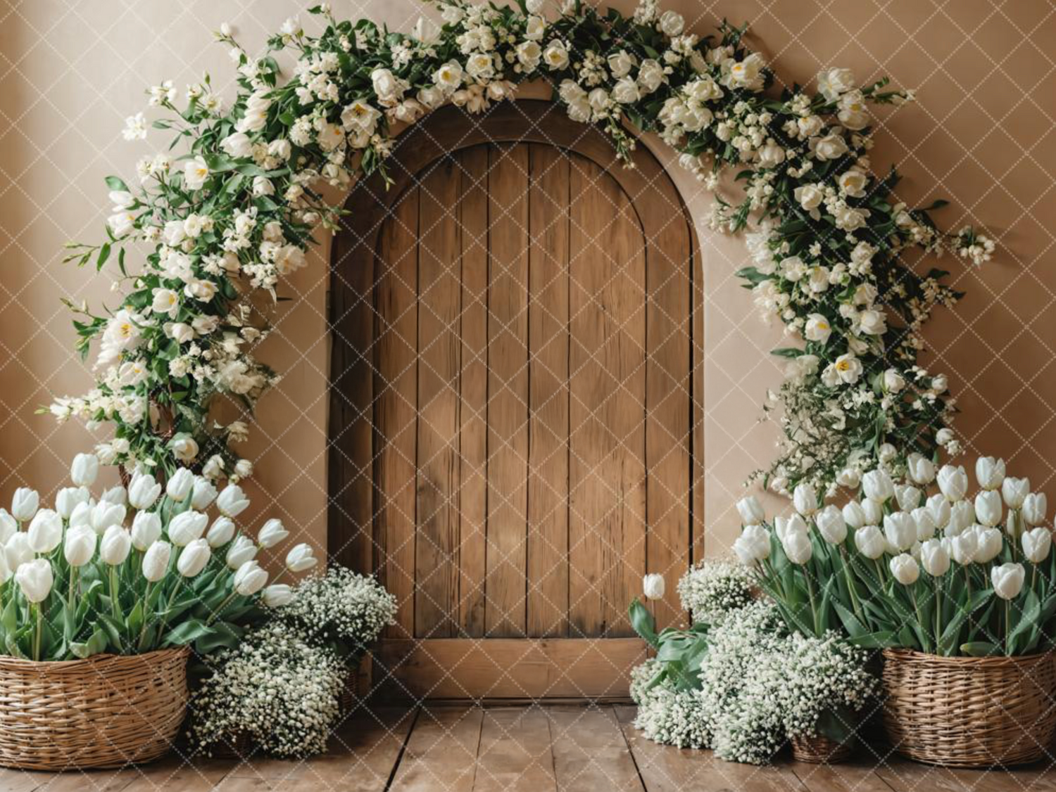 Wooden arched door decorated with white floral arch and baskets of white tulips and baby's breath flowers.