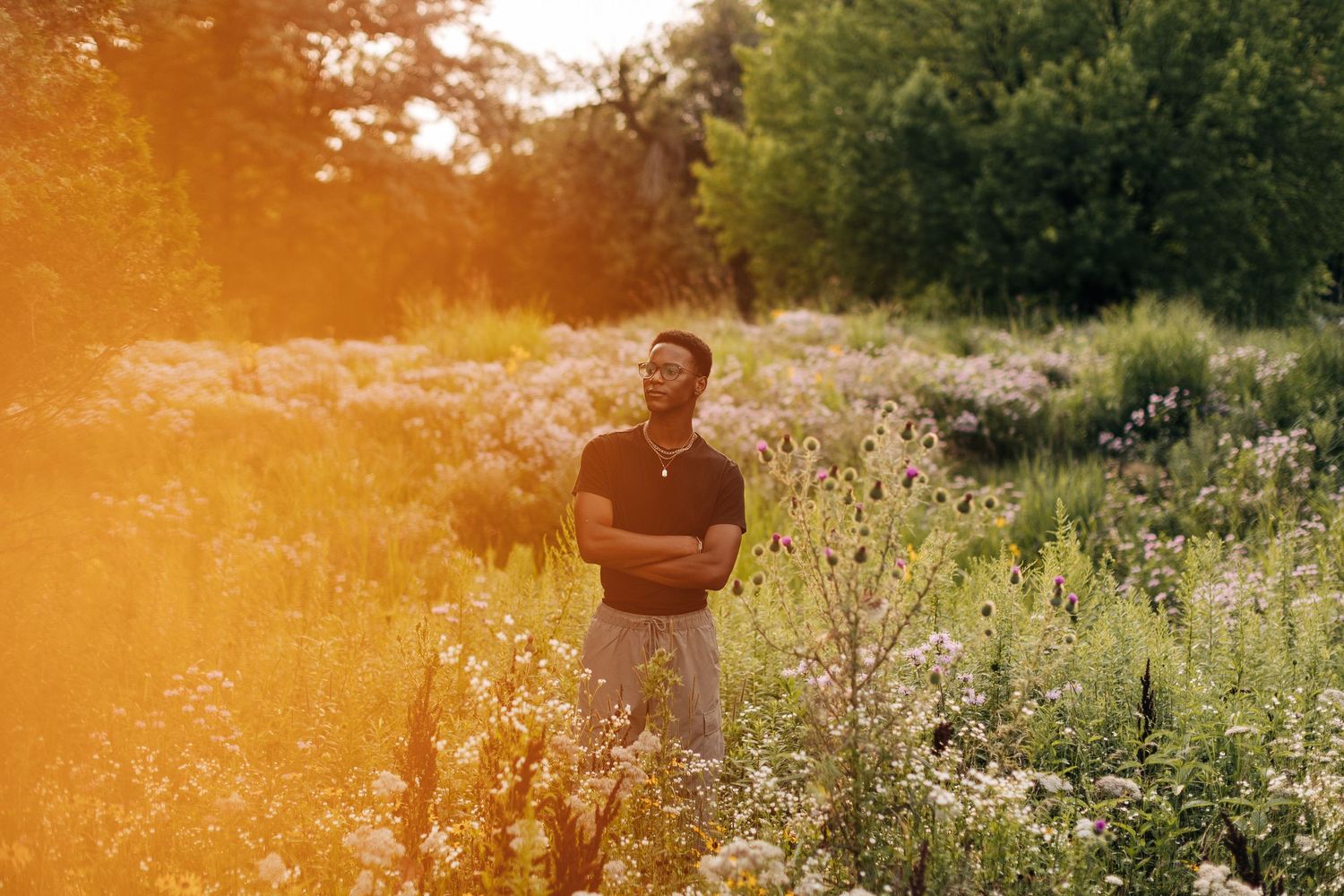 Artistic portrait with golden sunset lighting in a wildflower meadow.