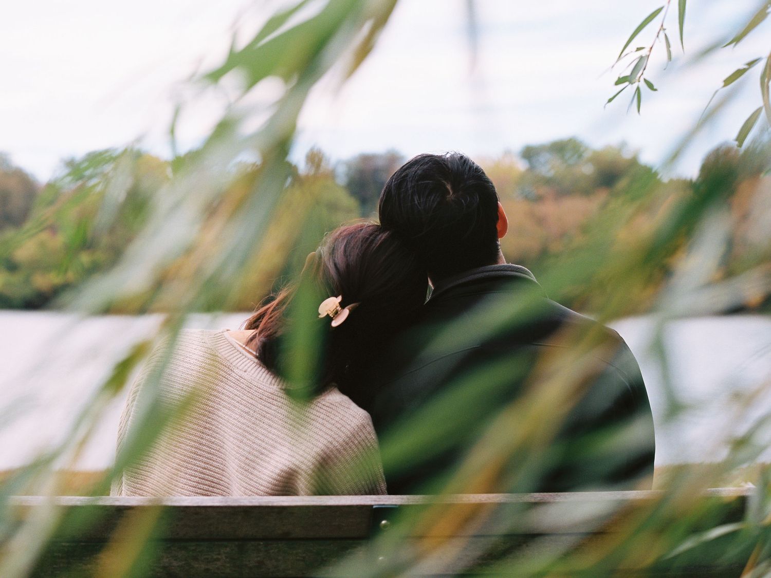 A silhouetted couple shares an intimate moment against a blurred natural background with foliage.