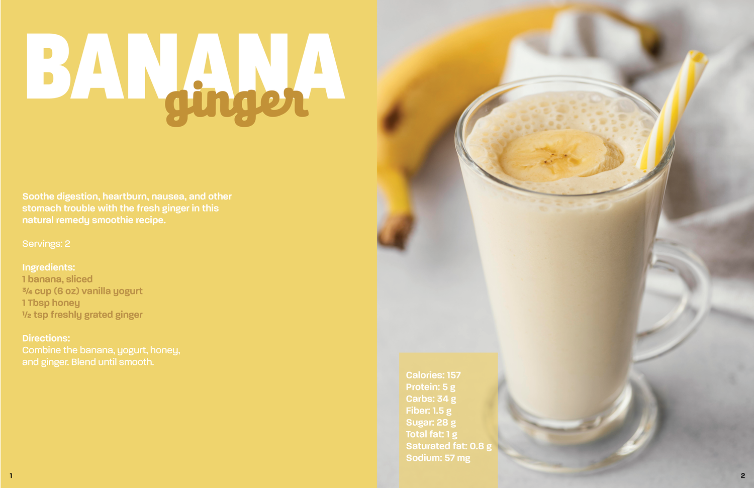 Recipe spread for banana ginger smoothie with golden drink photo and yellow text layout.