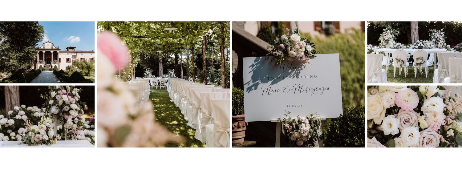 Outdoor wedding ceremony setup with white chairs, floral arrangements, and welcome sign in garden.