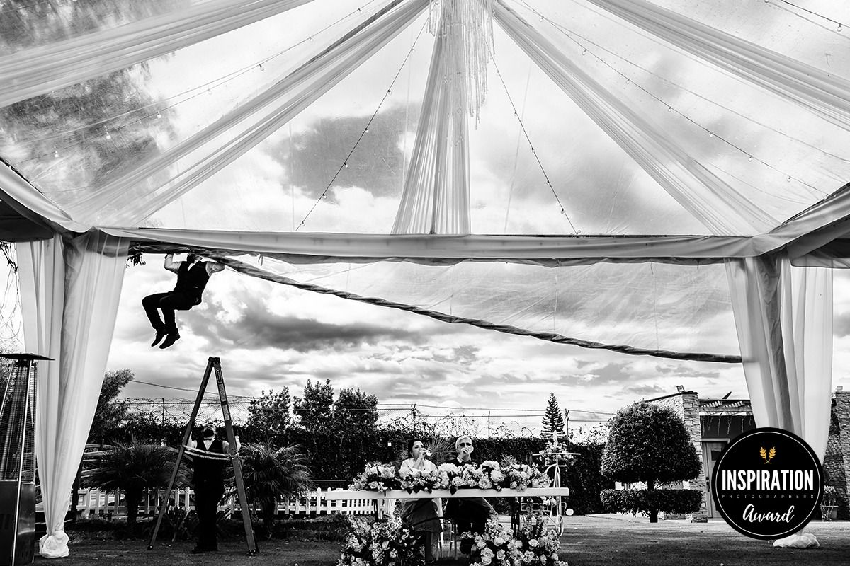 Dramatic black and white silhouette of performer suspended under tent canopy.