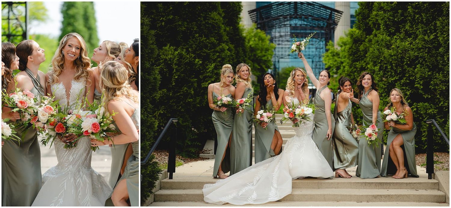 Wedding party in sage green dresses poses together outdoors with floral bouquets.